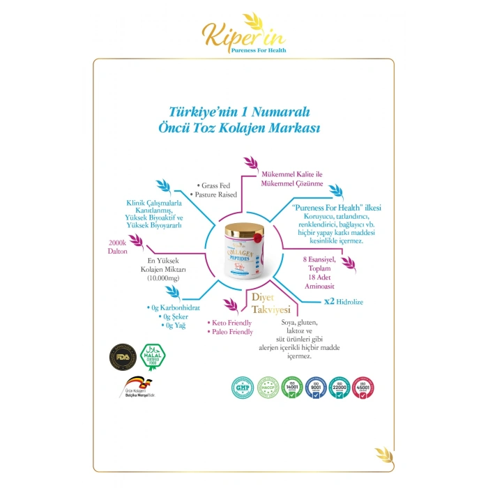Kiperin Collagen Toz Kolajen Peptitleri İçeren Diyet Takviyesi 500 gr