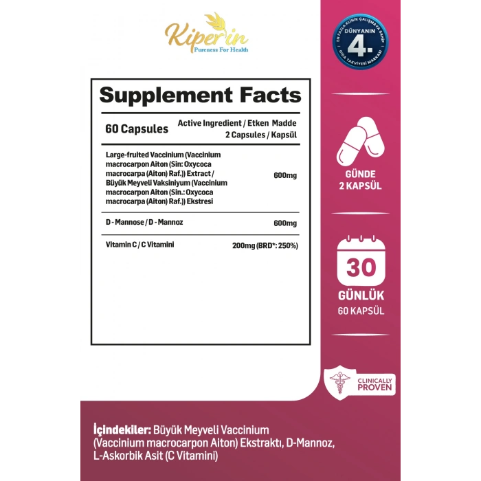 Kiperin Cranberry D-Mannoz Vitamin C 60 Kapsül