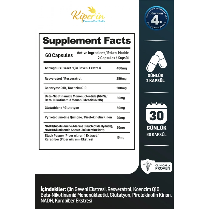 Kiperin Elixea Longevity  Resveratrol, Glutatyon, Koenzim Q10, NMN, NADH, PQQ 60 Kapsül