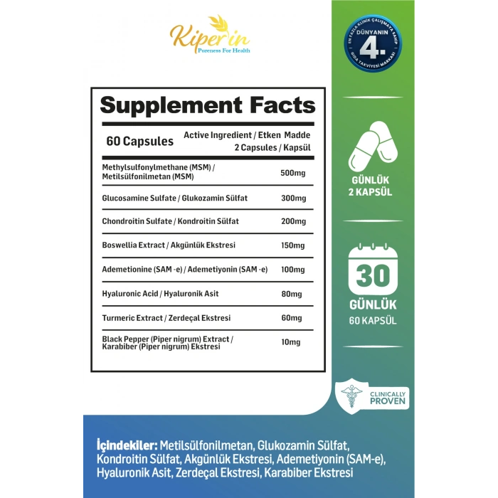 Kiperin Flexura Glukozamin, MSM, Kondroitin, Akgünlük, SAM-e, Hyaluronik Asit 60 Kapsül