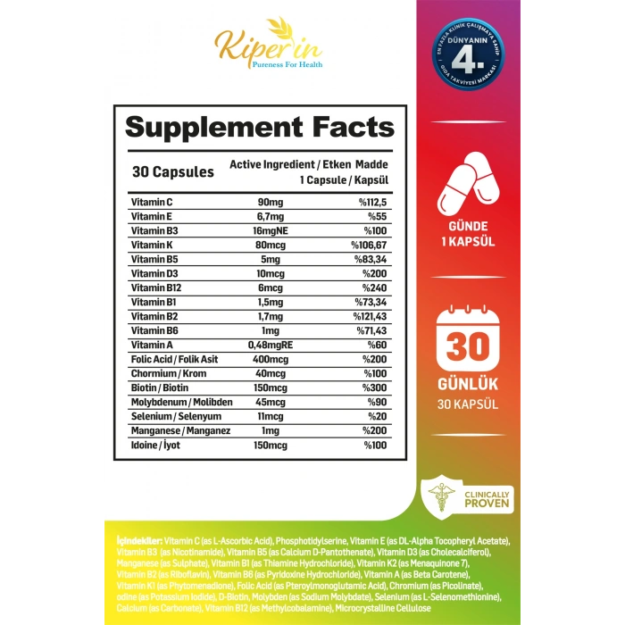 Kiperin Lipozomal Multivitamin 13 Vitamin & 6 Mineral Cilt - Saç - Tırnak & Enerji 30 Kapsül