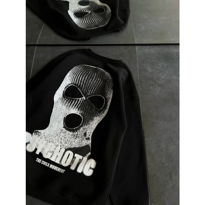 Kışlık Bisiklet Yaka Baskılı SweatShirt - Siyah