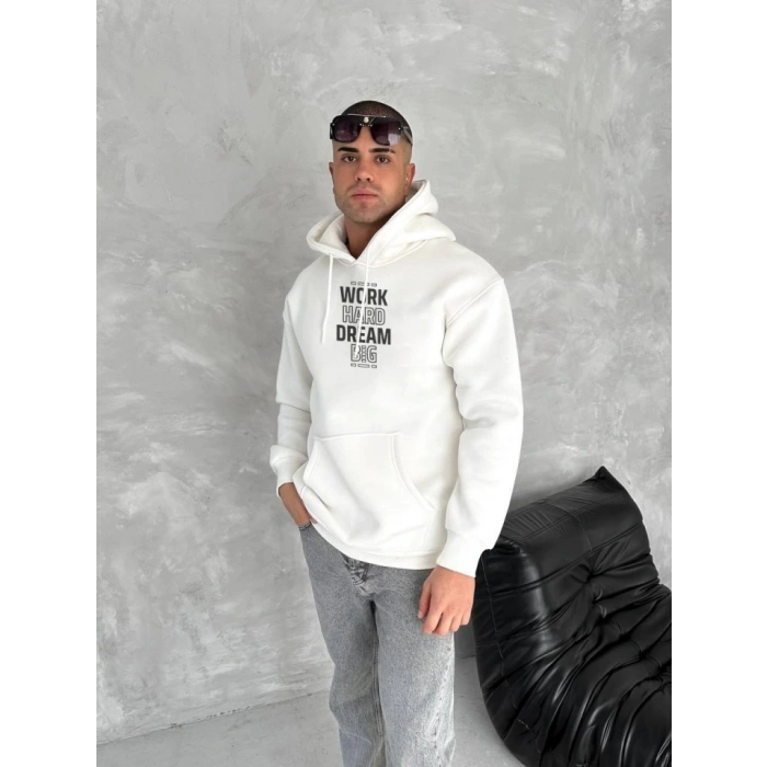 Kışlık Üç İplik Kapşonlu SweatShirt - Beyaz