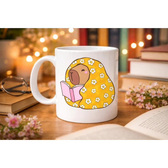 Kitap Okuyan Kapibara Desenli Porselen Kupa MODEL 102 – Sıcacık Tasarım , Kahve & Çay Kupası , Kitap Severlere Özel Hediyelik