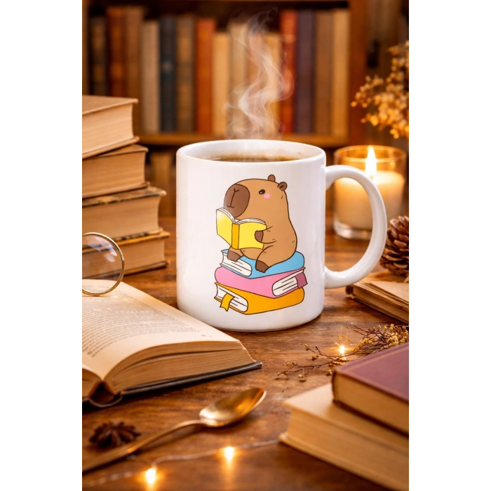 Kitap Okuyan Kapibara Tasarımlı Porselen Kupa MODEL 100 – Kahve & Çay Keyfi İçin Sıcacık ve Sevimli Tasarım CAPYBARA