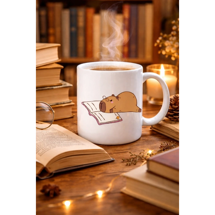 Kitap Okuyan Kapibara Tasarımlı Porselen Kupa MODEL 99 – Sıcacık Kahve Keyfi İçin Sevimli Tasarım