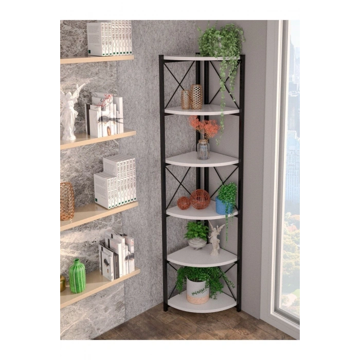 Kitaplık Çiçeklik 6 Raflı Beyaz Çok Amaçlı Stand Altı Bölmeli 160*30*43
