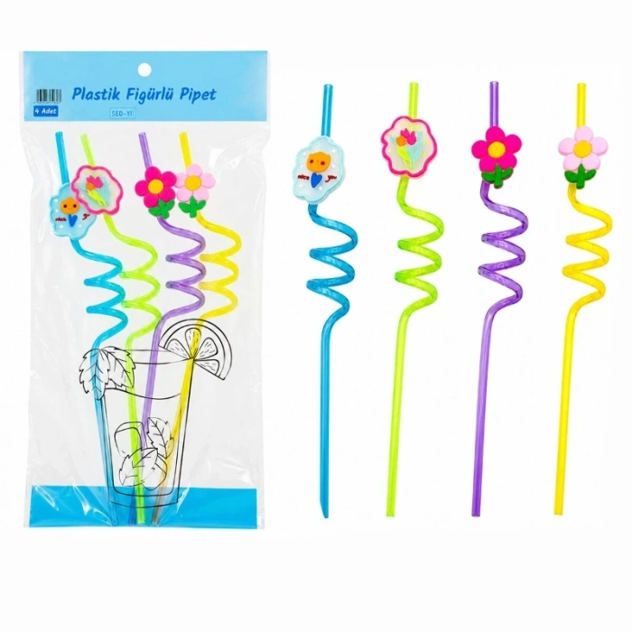 Kıvrımlı Renkli Plastik Pipet - Figürlü Tasarım - 4lü Paket