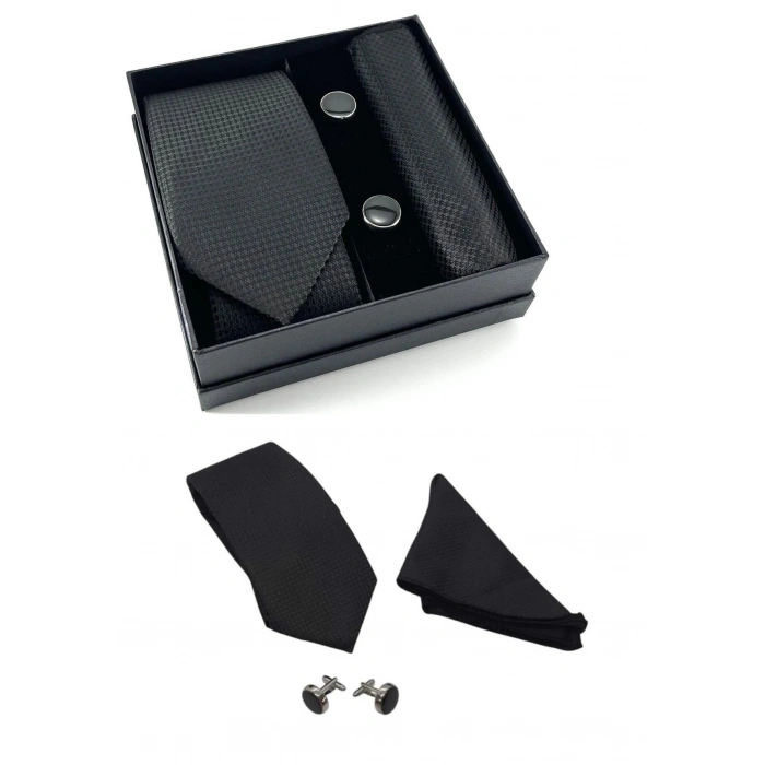 Kravat Düğme Set Siyah Desenli Kravat Mendil Kol Düğmesi Özel Set