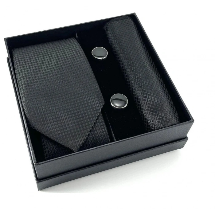 Kravat Düğme Set Siyah Desenli Kravat Mendil Kol Düğmesi Özel Set