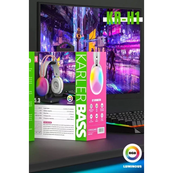 KRH1 RGB Kafaüstü Kablosuz Kulaklık - Gri