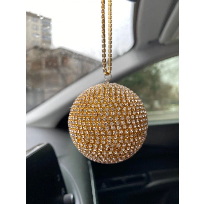 Kristal Taşlı Disko Topu Dikiz Ayna Süsü Küçük 6cm Altın