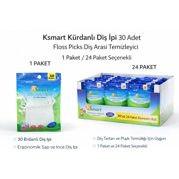Ksmart Kürdanlı Diş İpi 30 Adet Floss Picks Diş Arası Temizleyici 1 Paket