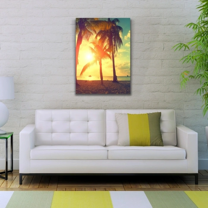 Kumsalda  Palmiyeler  & Günbatımı Kanvas Tablo 50 x 70