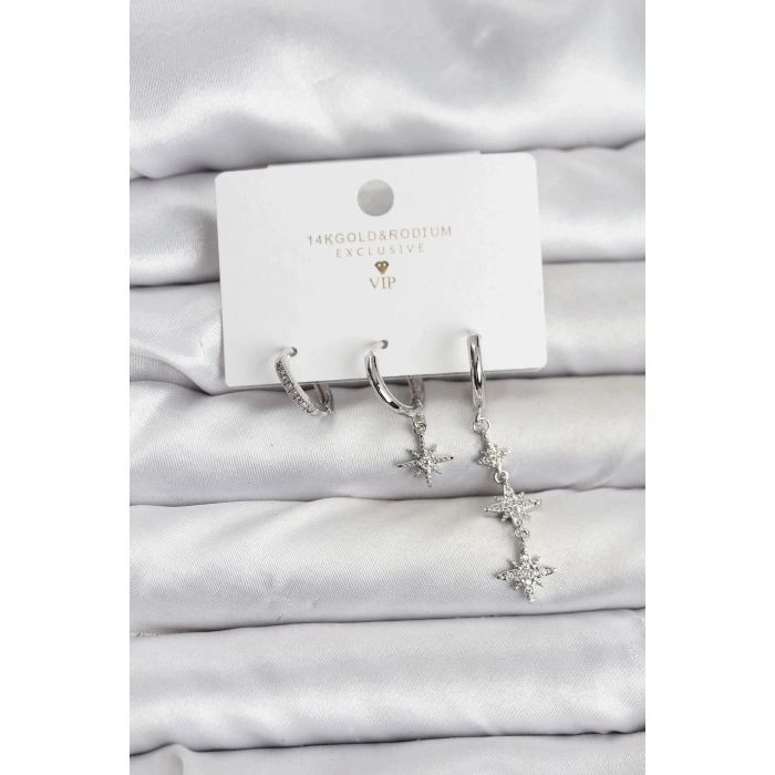 Kutup Yıldızı Model Gümüş Renk Pirinç 3lü Kadın Küpe Seti