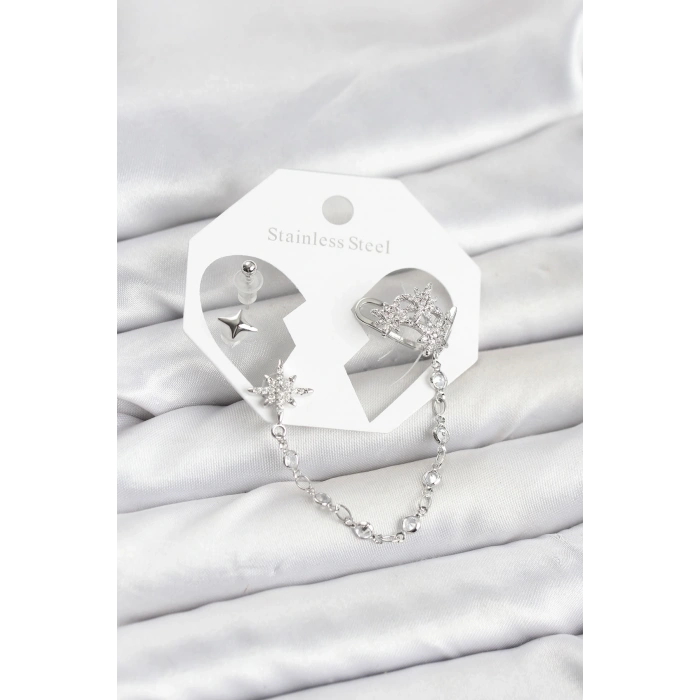 Kutup Yıldızı Model Pirinç Gümüş Renk Zincir Bağlantılı Ear Cuff Küpe Seti