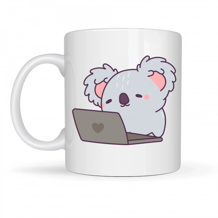 Laptoplu Koala Desenli Porselen Kupa MODEL 111 – Sevimli Ofis Kupası , Çalışanlara Özel Tatlı Hediye