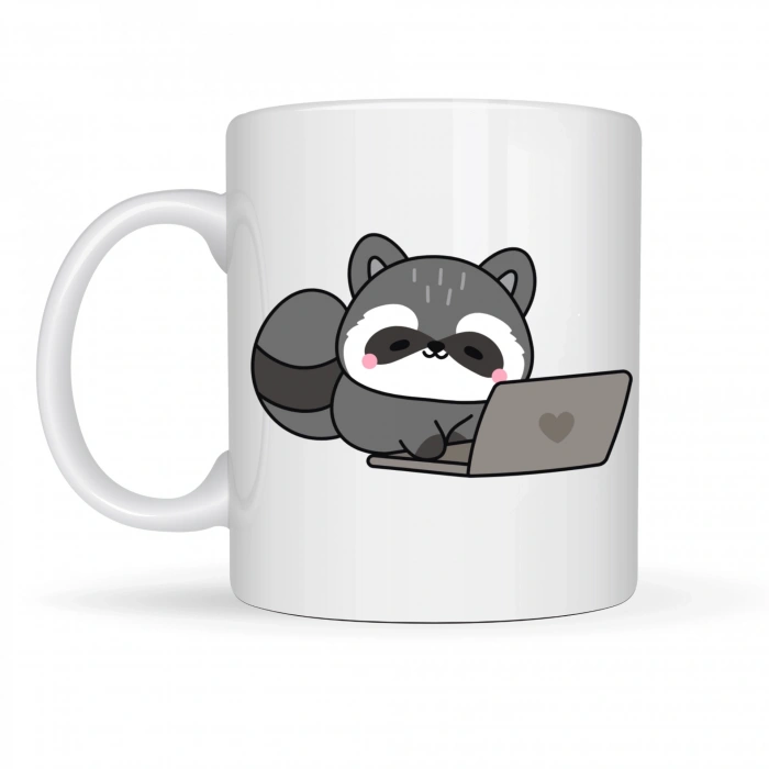 Laptoplu Sevimli Rakun Desenli Porselen Kupa MODEL 114 – Ofis İçin Eğlenceli Kahve Kupası , Çalışanlara Özel Tatlı Hediye