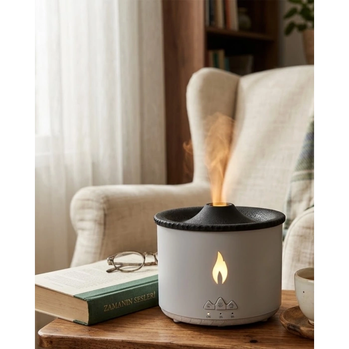 LED Alev Efektli Aroma Difüzörü Ultrasonik Hava Nemlendirici Gece Lambası Fonksiyonlu
