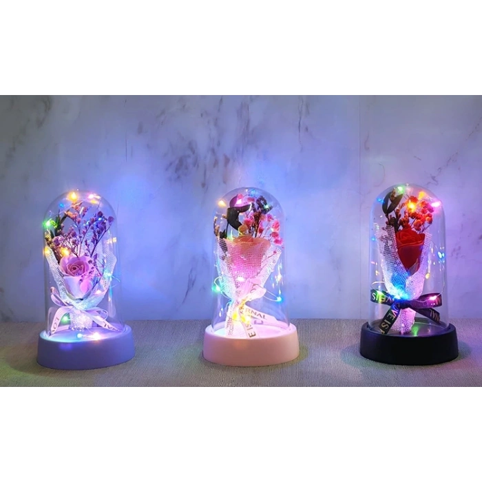 LED Işıklı Müzikli Cam Fanus İçinde Gül Buketi