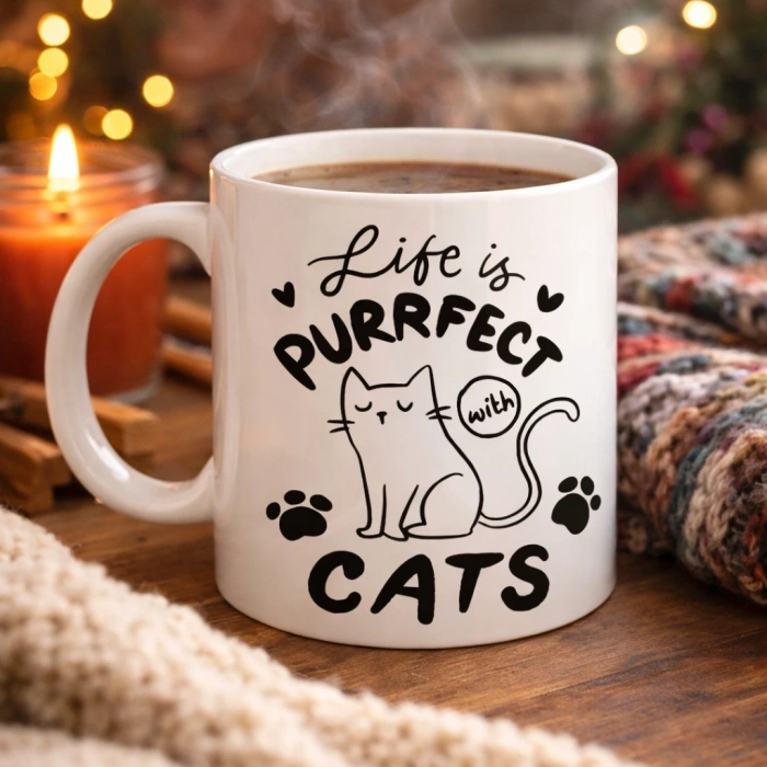 Life is Purrfect with Cats – Kedi Desenli Porselen Kupa MODEL 62 Sevimli Kedi Figürlü Kahve Kupası