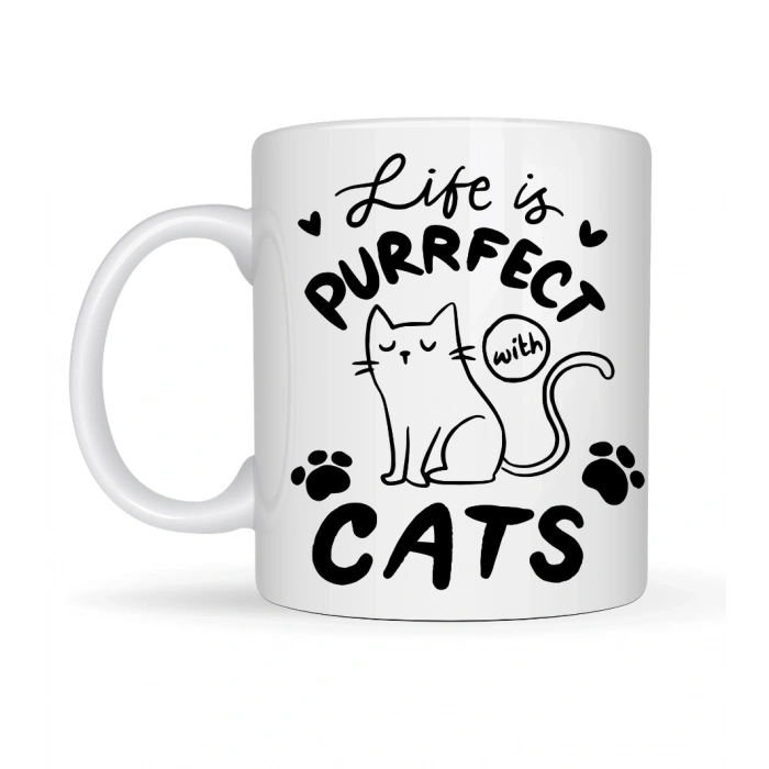 Life is Purrfect with Cats – Kedi Desenli Porselen Kupa MODEL 62 Sevimli Kedi Figürlü Kahve Kupası