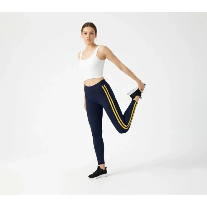 Likralı Yan Sarı Şeritli Detaylı Tayt - Siyah