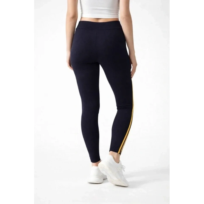 Likralı Yan Sarı Şeritli Detaylı Tayt - Siyah