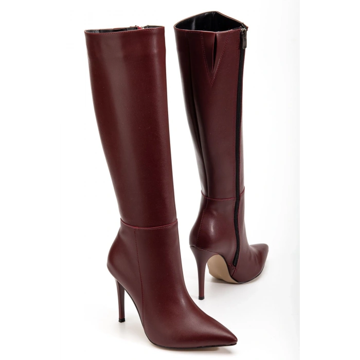 LS-226 Bordo Cilt Fermuarlı Lastikli İnce Yüksek Topuklu Kadın Çizme
