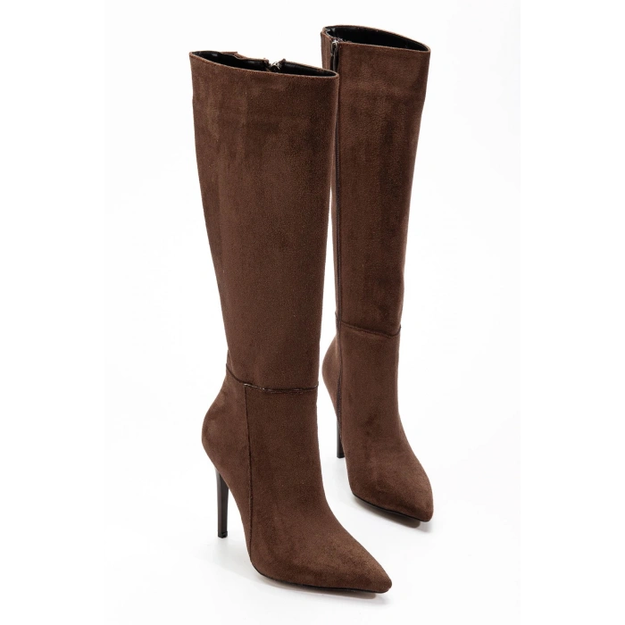 LS-226 Kahve Süet Fermuarlı Lastikli İnce Yüksek Topuklu Kadın Çizme