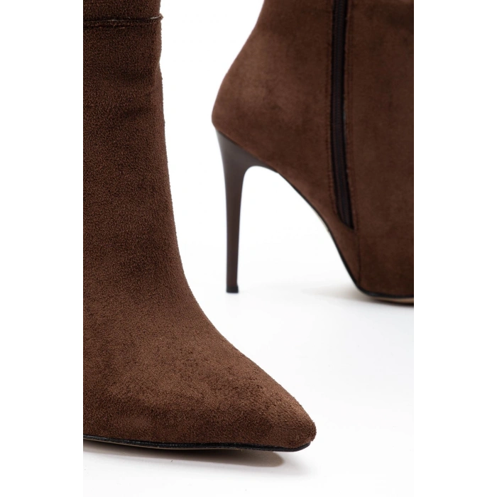 LS-226 Kahve Süet Fermuarlı Lastikli İnce Yüksek Topuklu Kadın Çizme