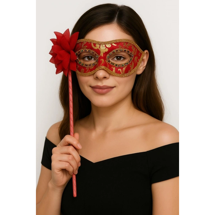 Lüks Taşlı Saplı Maskeli Balo Maskesi Kırmızı Renk 35 cm