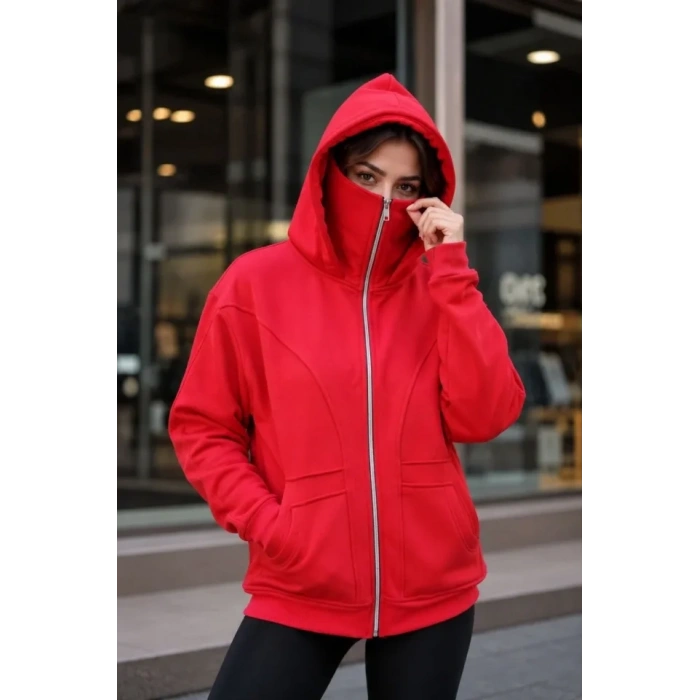 Maskeli Ninja Model Çift Kapüşonlu 3 İplik Şardonlu Fermuarlı Oversize Sweatshirt - Kırmızı