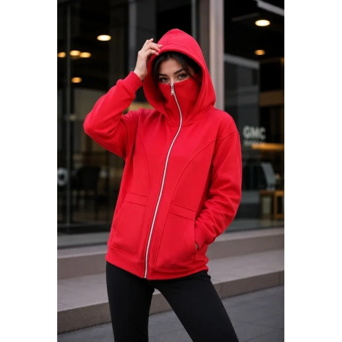 Maskeli Ninja Model Çift Kapüşonlu 3 İplik Şardonlu Fermuarlı Oversize Sweatshirt - Kırmızı