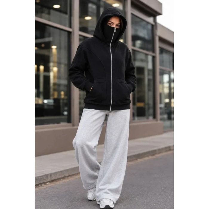 Maskeli Ninja Model Çift Kapüşonlu 3 İplik Şardonlu Fermuarlı Oversize Sweatshirt - Siyah