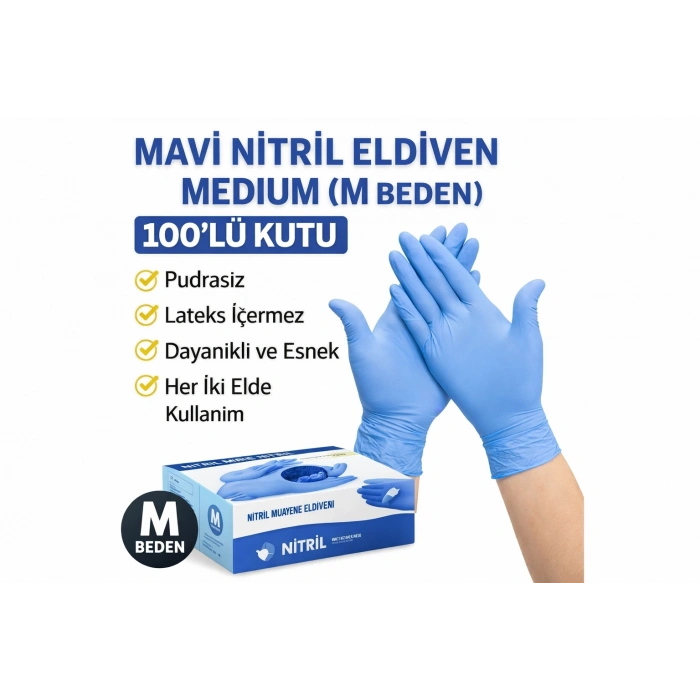 Mavi Nitril Eldiven Medium M Beden Pudrasız 100’lü 1 Kutu Tek Kullanımlık Muayene Eldiveni Lateksiz Koruyucu Eldiven