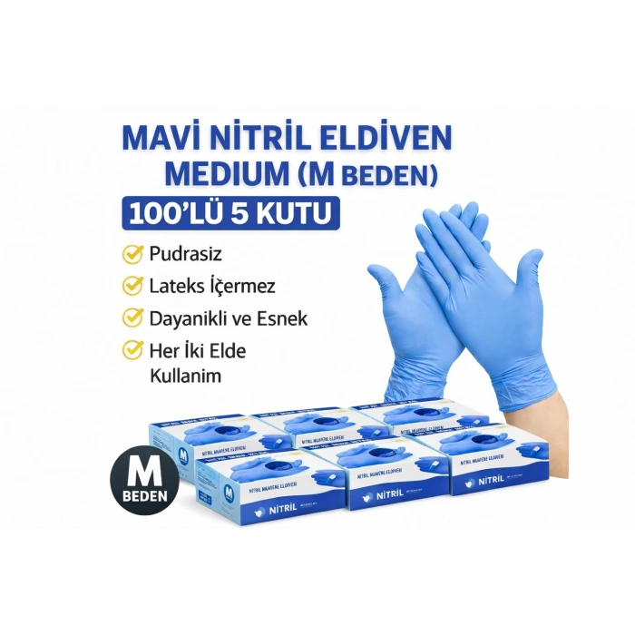 Mavi Nitril Eldiven Medium M Beden Pudrasız 100’lü 5 Kutu Tek Kullanımlık Muayene Eldiveni Lateksiz Koruyucu Eldiven Seti
