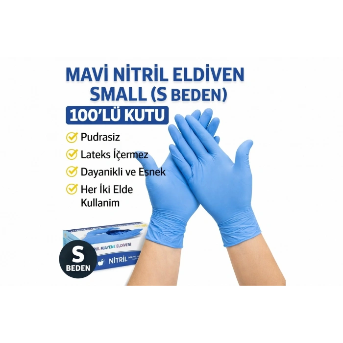 Mavi Nitril Eldiven Small S Beden Pudrasız 100’lü 1 Kutu Tek Kullanımlık Muayene Eldiveni Lateksiz Koruyucu Eldiven