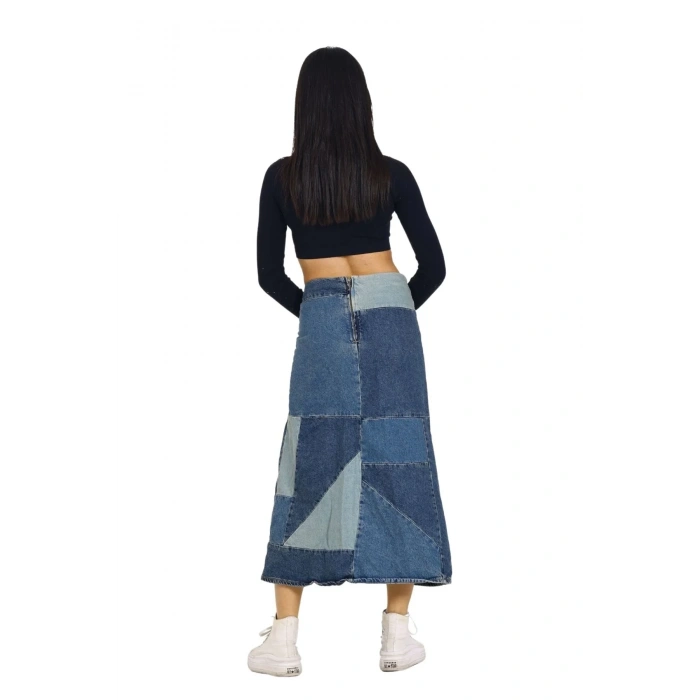 Mavi Patchwork Desenli Denim Kot Etek