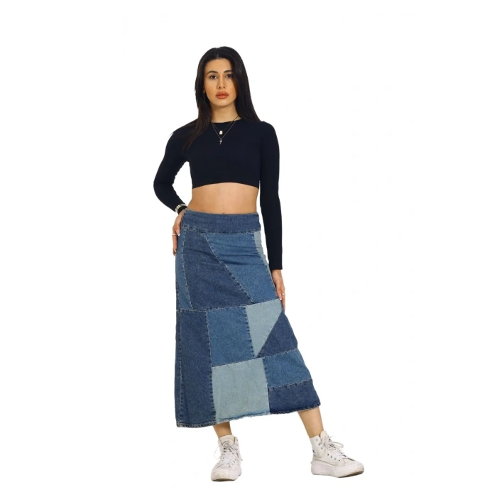 Mavi Patchwork Desenli Denim Kot Etek