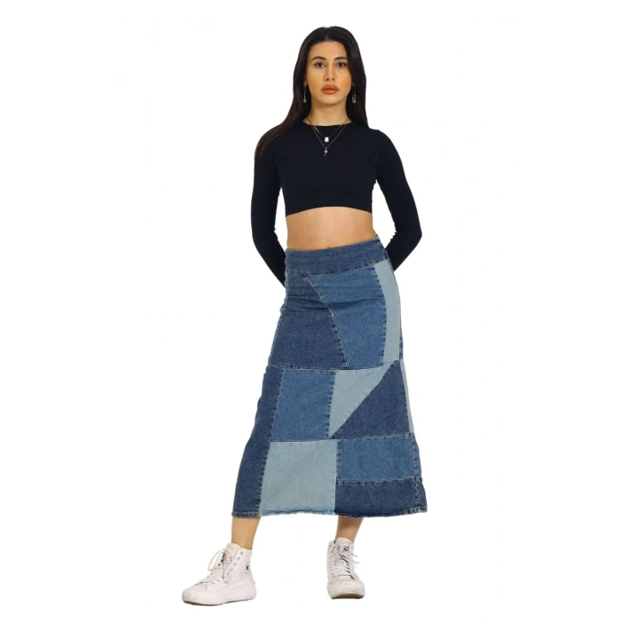 Mavi Patchwork Desenli Denim Kot Etek