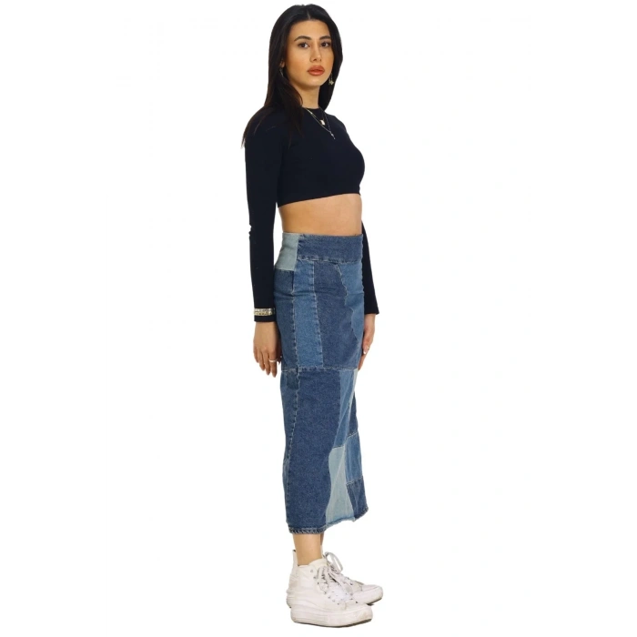 Mavi Patchwork Desenli Denim Kot Etek