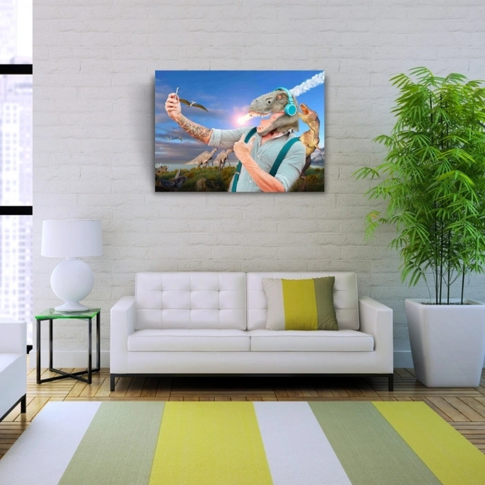 Mavi Tonlarda Dinazor Başlı Adam Resmi Kanvas Tablo 50 x 70