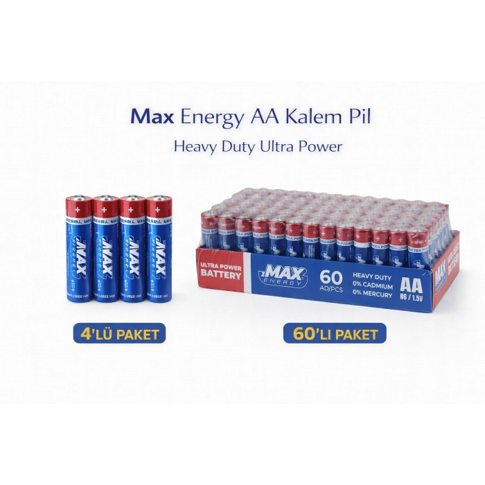 Max Energy AA Kalem Pil 1.5V R6 Heavy Duty Ultra Power 4lü 1 Paket