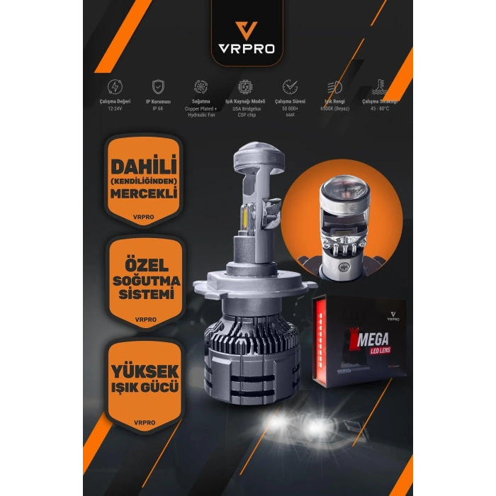 Mega Mercekli H7 LED Far Ampulü 75W 20000 Lümen 12V Fanlı VR Pro H7 Led Xenon Beyaz Işık