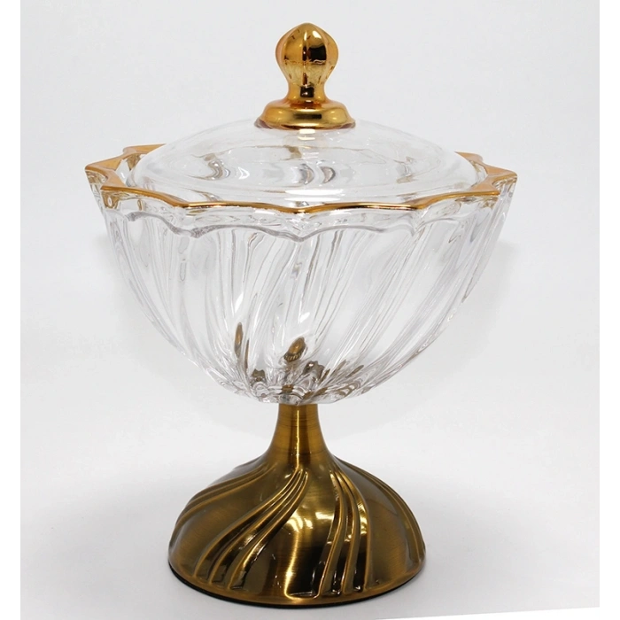 Metal Ayaklı Kristal Cam Şekerlik Gold Detaylı Sunumluk