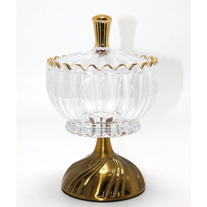 Metal Ayaklı Kristal Cam Şekerlik Gold Detaylı Sunumluk