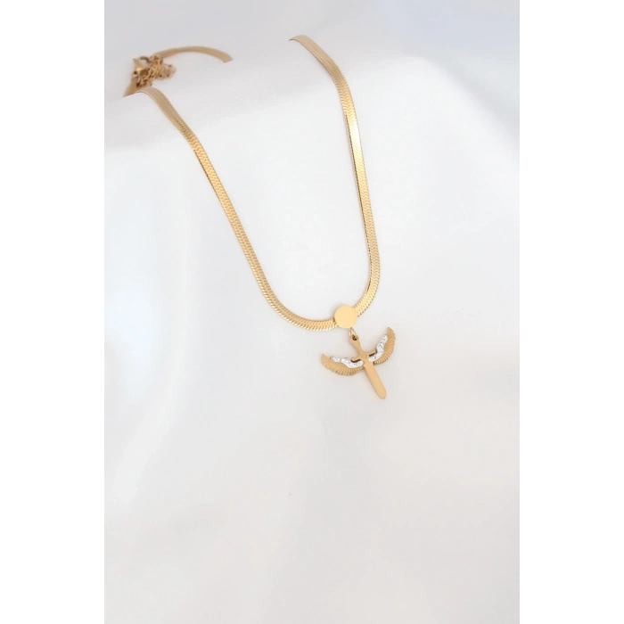 Mikail Figür Zirkon Taş Detay Gold Renk Çelik İtalyan Zincir Kadın Kolye