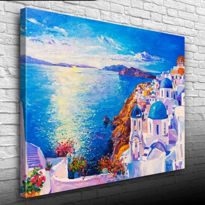 Mikanos Adası Mavi ve Beyaz Yağlıboya Kanvas Tablo 50 x 70