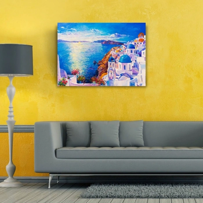 Mikanos Adası Mavi ve Beyaz Yağlıboya Kanvas Tablo 50 x 70